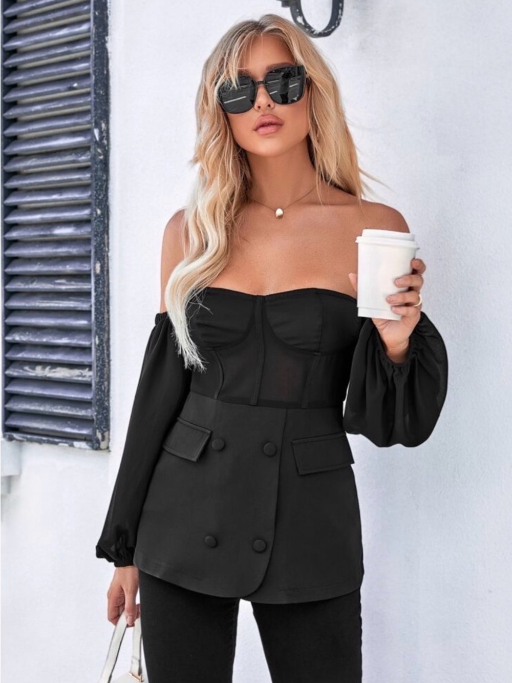 NWOT Off-Shoulder Black Blouse with Structured Bodice